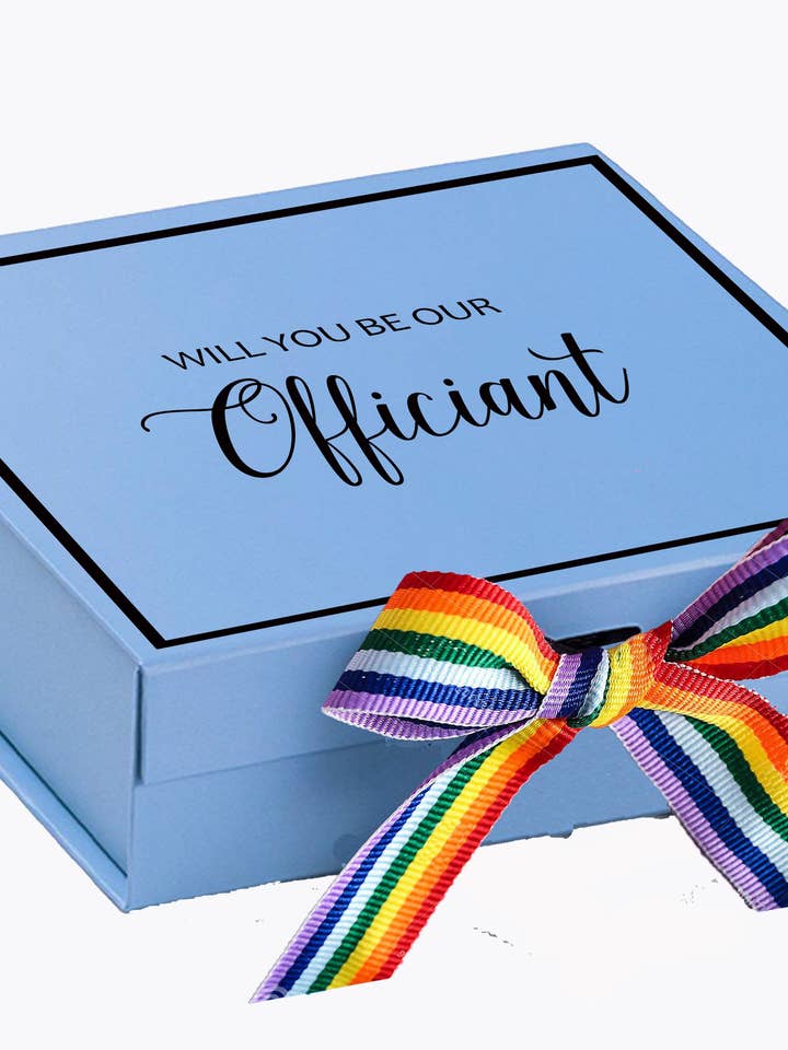 Will You Be our Officiant? Proposal Box light blue - Border - Rainbow Ribbon for wholesale by tshirt unlimited