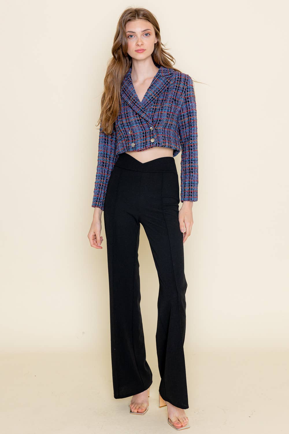 VIOLET MULTI BLAZER COURT À CARREAUX EN TWEED CROISÉ BRANCHÉ-OI5813FO en vente sur Faire5