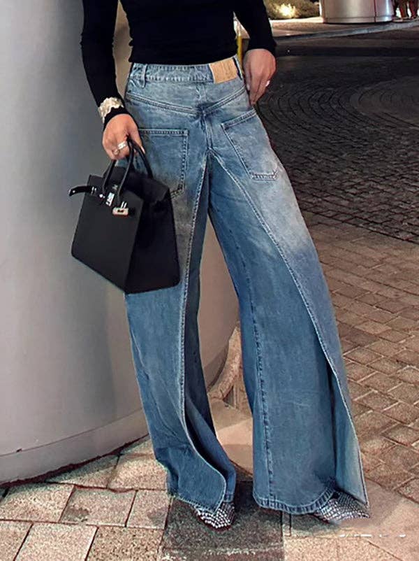 Sheer Trend - Wholesale Jeans - Women's - False Two Wide Leg Pockets Reversible Jean Pants Bottoms4