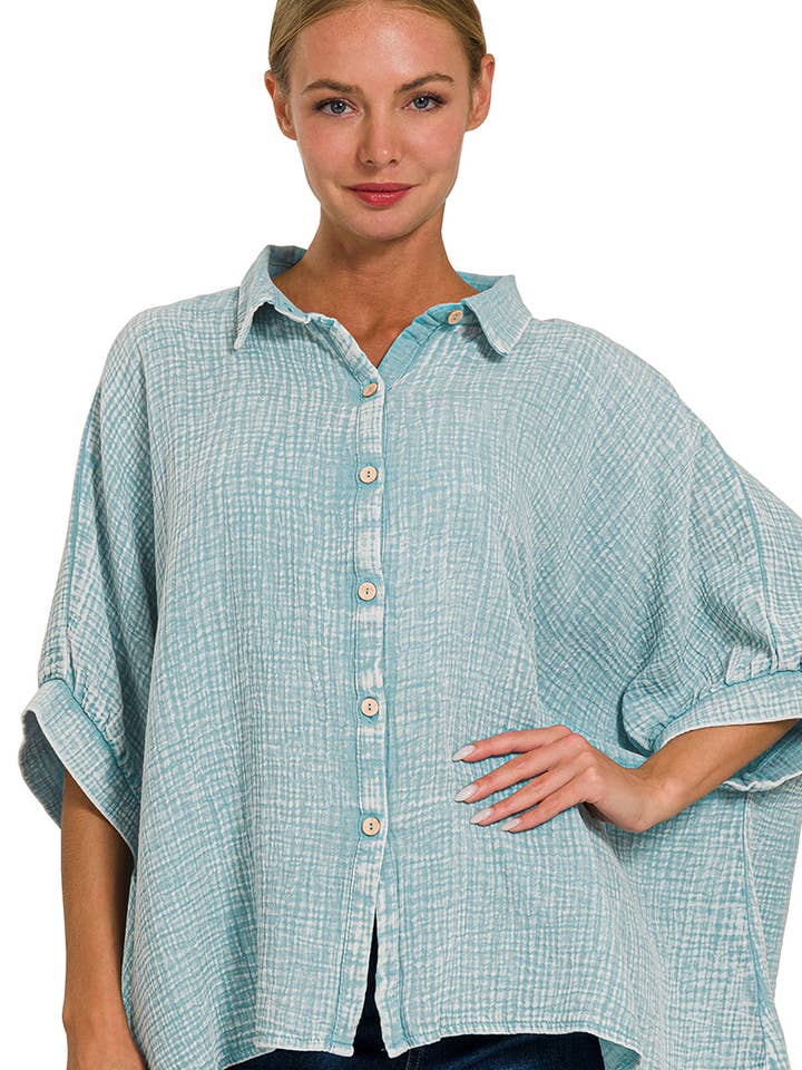 .....SI-25426 Washed Double Gauze Button Down Half Sleeve Shirt for wholesale by 42POPS