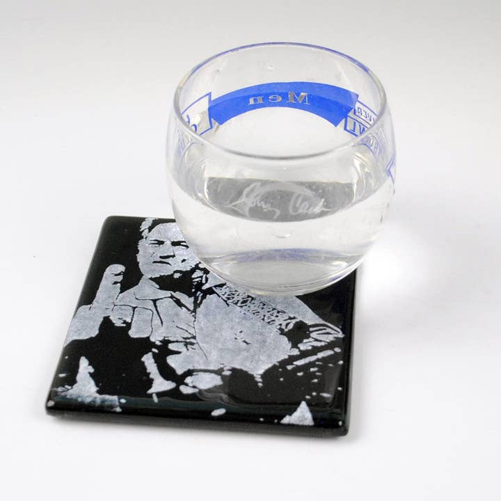 Kiku Handmade | Contemporary Fused Glass Home Goods - Wholesale Coasters - Johnny Cash (middle finger) Fused Glass 4" Single Coaster