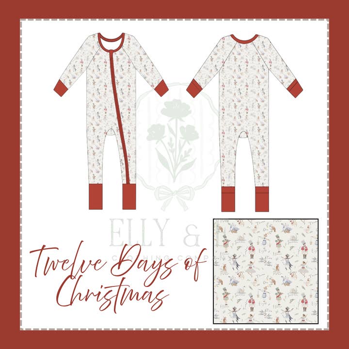 Twelve Days of Christmas Boy Zippy Bamboo Pajamas for wholesale by Elly & E Clothing Co.