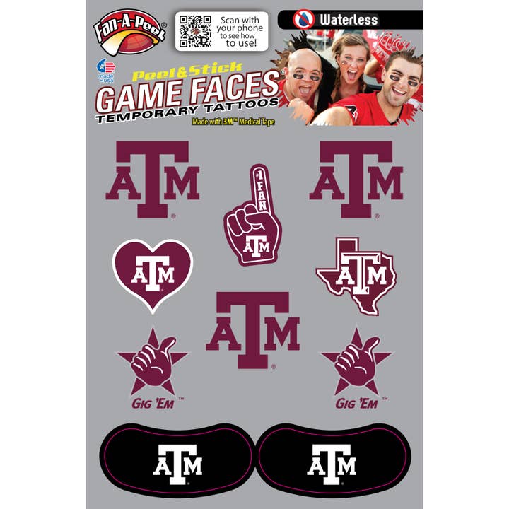 Texas A&M Game Faces® Temporary Tattoos for wholesale by Fanapeel / Gamefaces