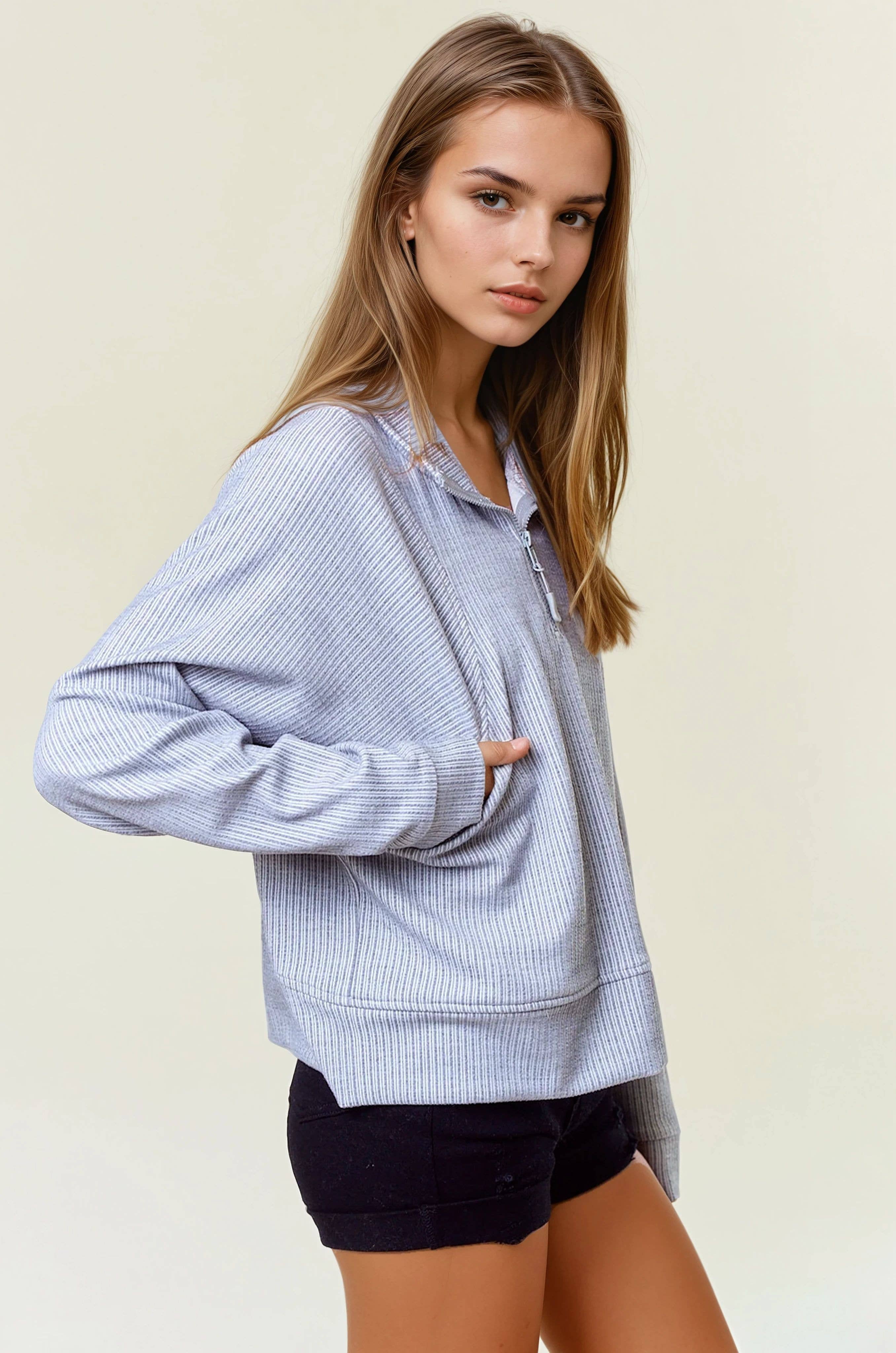 Doe and Rae - Wholesale Sweatshirt - Women's - Stripe Textured Half Zip-Up Long Sleeve Sweatshirt -43836T-17