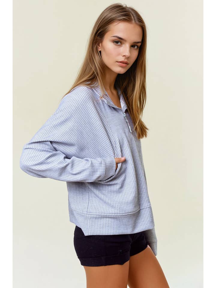 Doe and Rae - Wholesale Sweatshirt - Women's - Stripe Textured Half Zip-Up Long Sleeve Sweatshirt -43836T-17