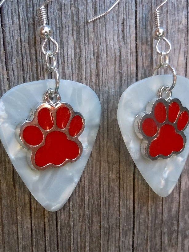 Red Paw Print Charm Guitar Pick Earrings for wholesale by Simply Raevyn