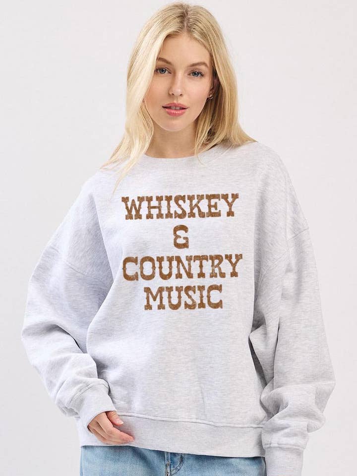 Whiskey & Country Music Graphic L/S Fleece Sweatshirts for wholesale by Zutter