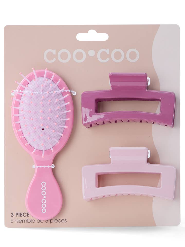 3-delige set met mini-haarborstel en klauw - Bubblegum voor wholesale door CooCoo Beauty