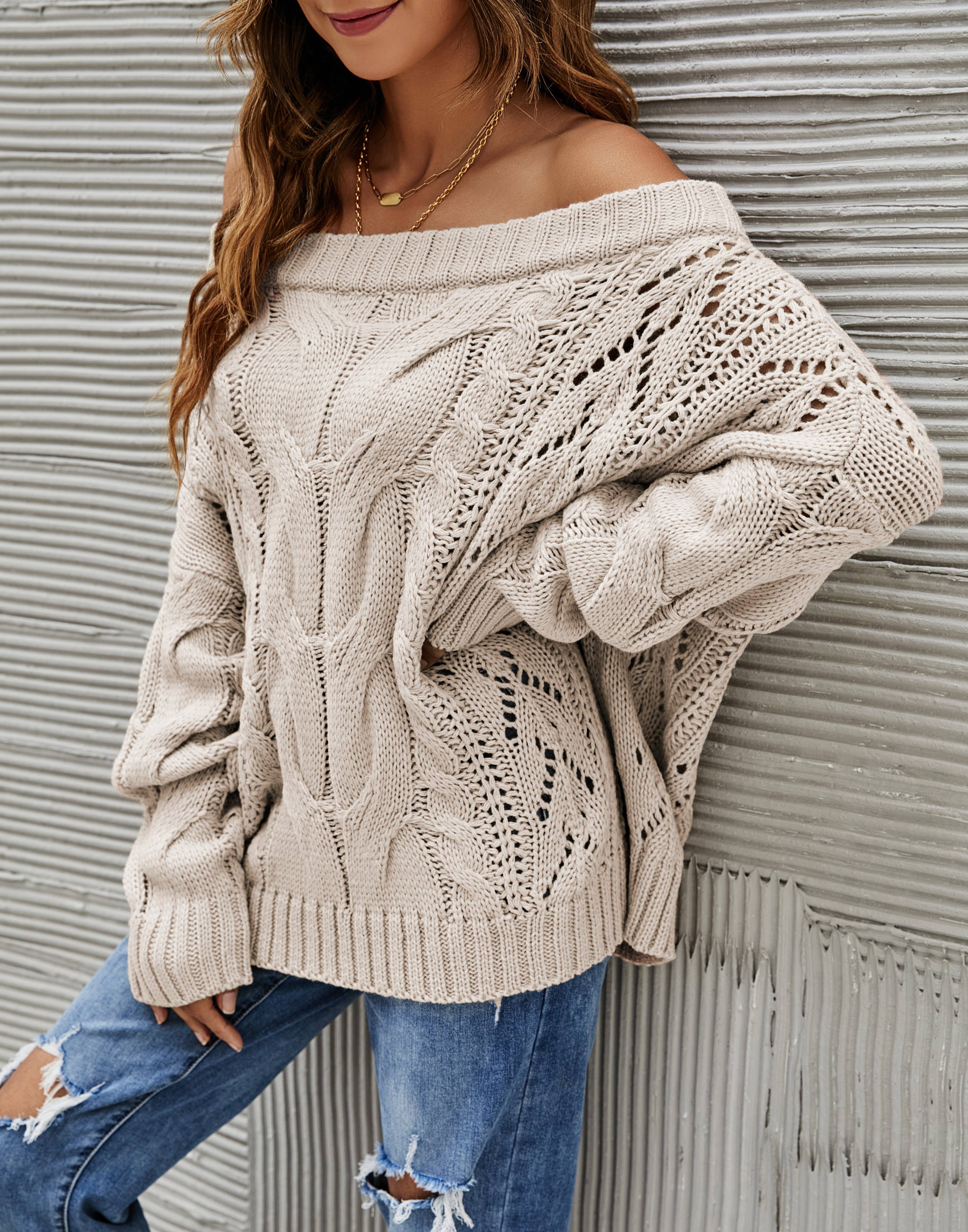 Rosa Clothing - Wholesale Tunic Sweater - Women's - Straight-Neck Off-The-Shoulder Pullover Sweater7