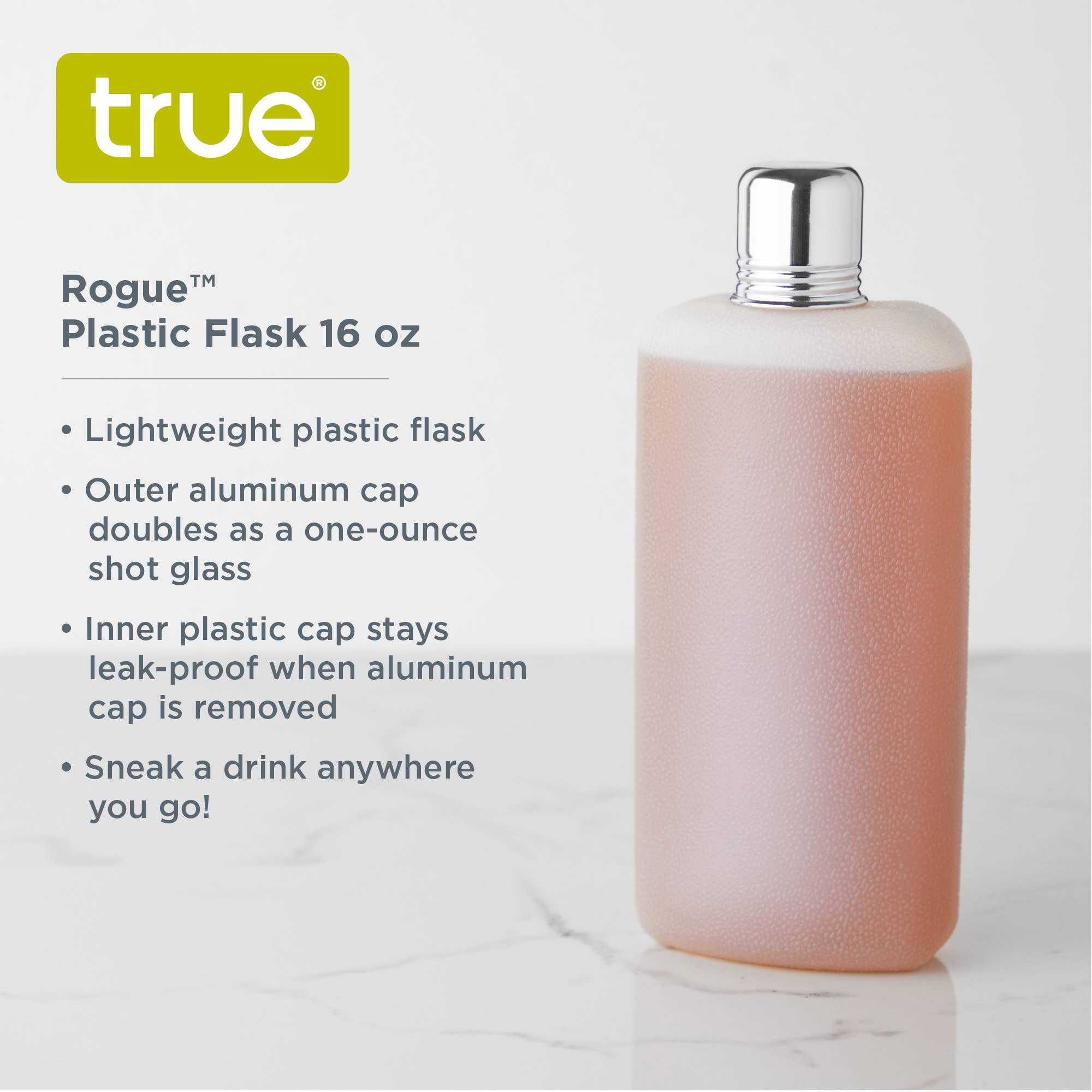 TRUE - Wholesale Flask - Rogue Plastic Flask w Shot Glass Lid ASST COLORS and SIZES20