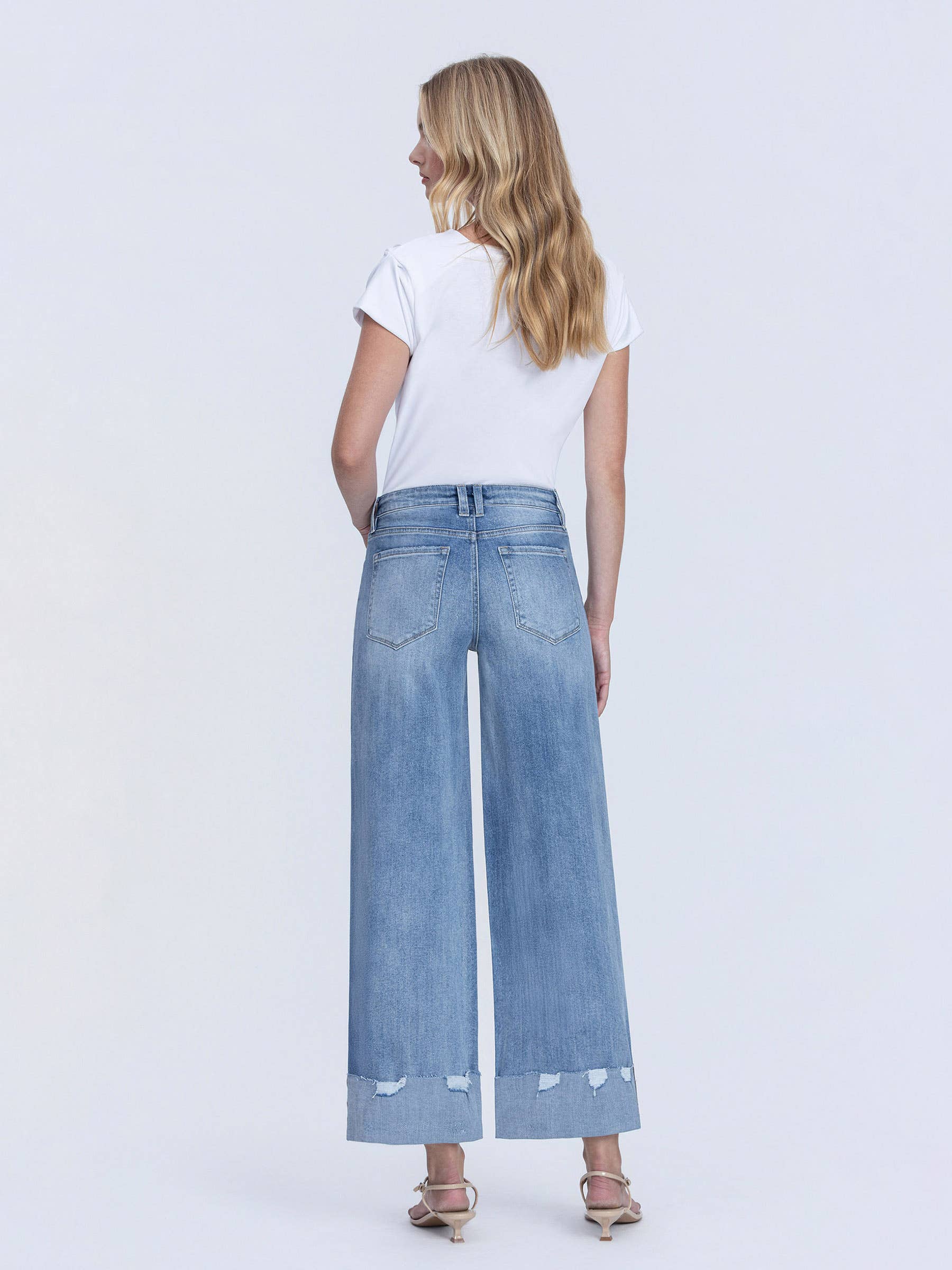 NOVELTY HIGH RISE MEDIUM WASH CUFFED WIDE JEANS LV1604 for wholesale on Faire4