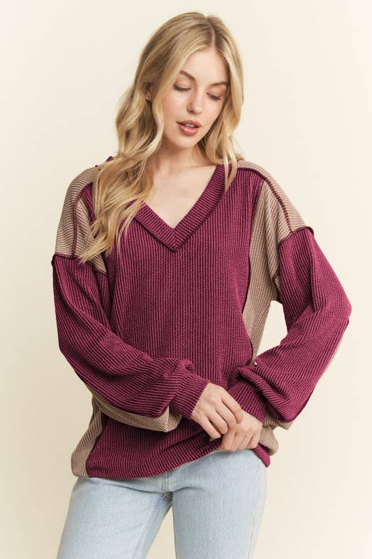 HEIMISH - Wholesale Knit Top - Women's - ET7741-10 LONG SLEEVE SOLID URBAN RIB COLOR BLOCK KNIT TOP0