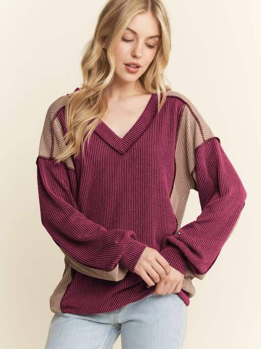 HEIMISH - Wholesale Knit Top - Women's - ET7741-10 LONG SLEEVE SOLID URBAN RIB COLOR BLOCK KNIT TOP