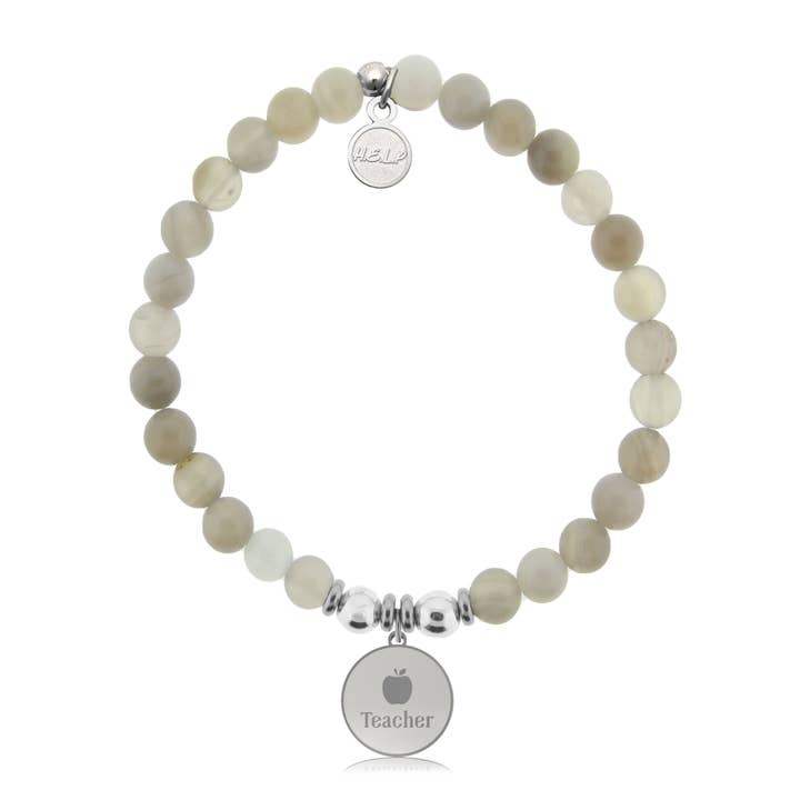Teacher Charm with Grey Stripe Agate Charity Bracelet for wholesale by H.E.L.P