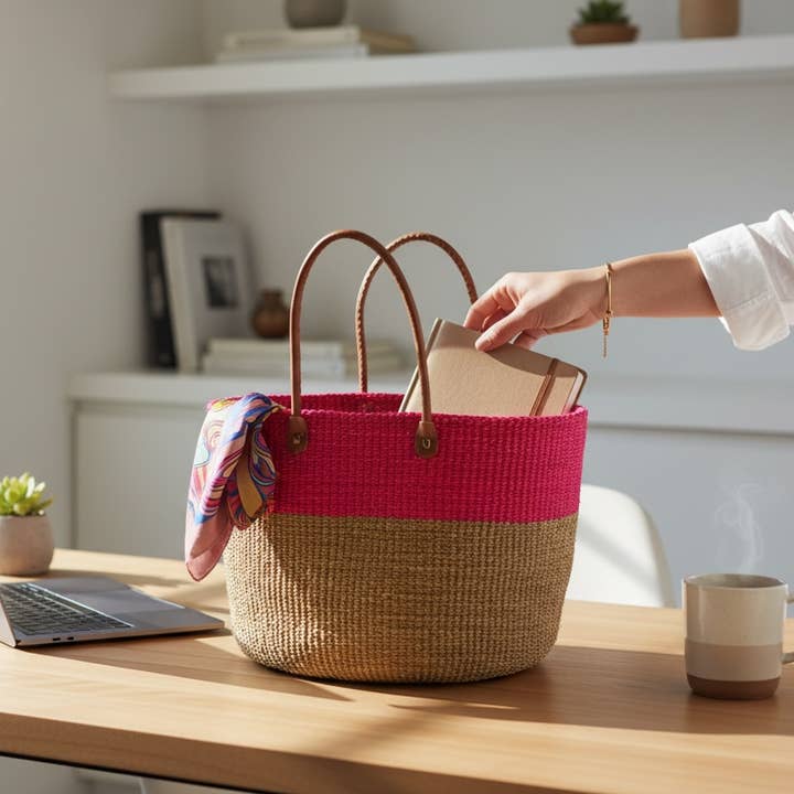 Pink and Tan Mifuko Kiondo Kenya Bag Shopping Bag, Picnic Bag, Storage, Floor Basket, Home Decor for wholesale by The African Home Goods