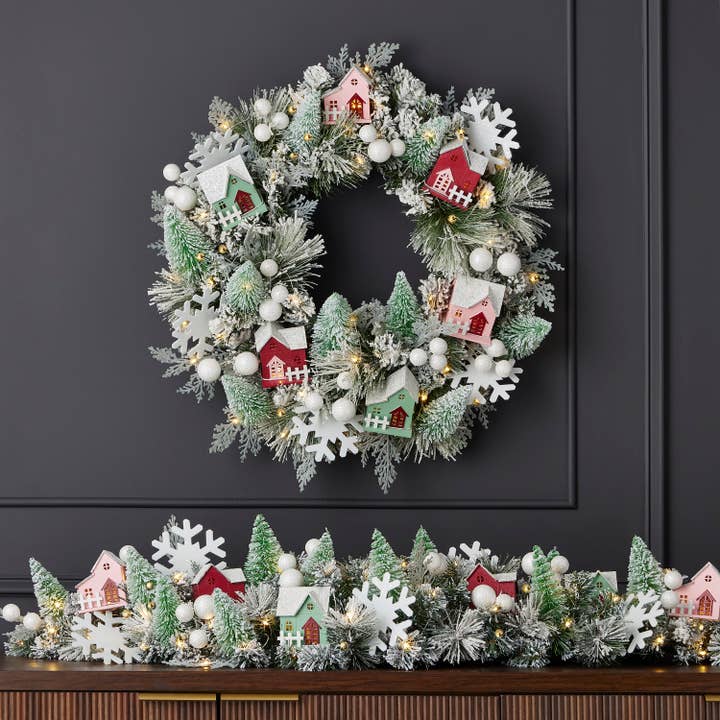 Seasonal LLC - Wholesale Wreath - Snowy Cottage Wreath 26in Pre-Lit with 50 LED Fairy Lights B/O