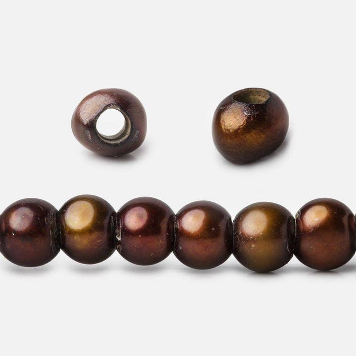 6x5mm Chestnut Brown Large Hole Off Round Freshwater Pearl Strand 75 pieces for wholesale by The Bead Traders