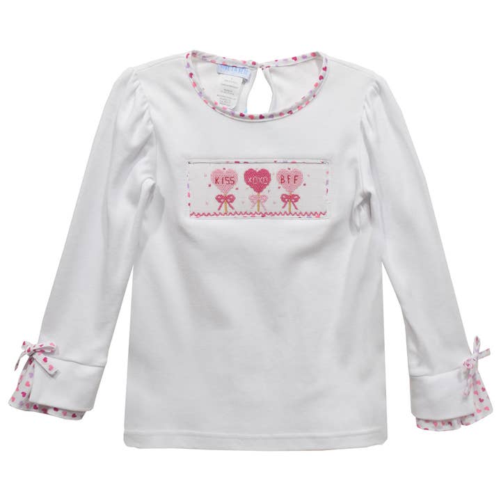 Vive La Fete - Wholesale T-Shirt - Kids - Valentines Smocked White Blouse - Rib Cuffs, Ready to Ship