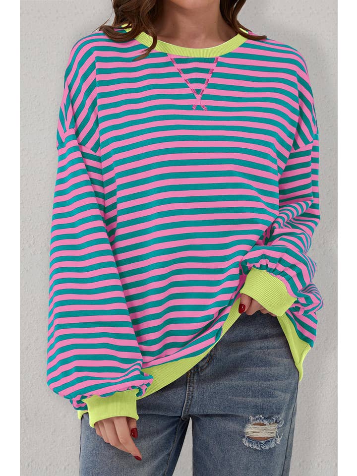 Amaryllis Apparel - Wholesale Sweatshirt - Women's - Stripe Oversized Contrast Trim Pullover Sweatshirt38