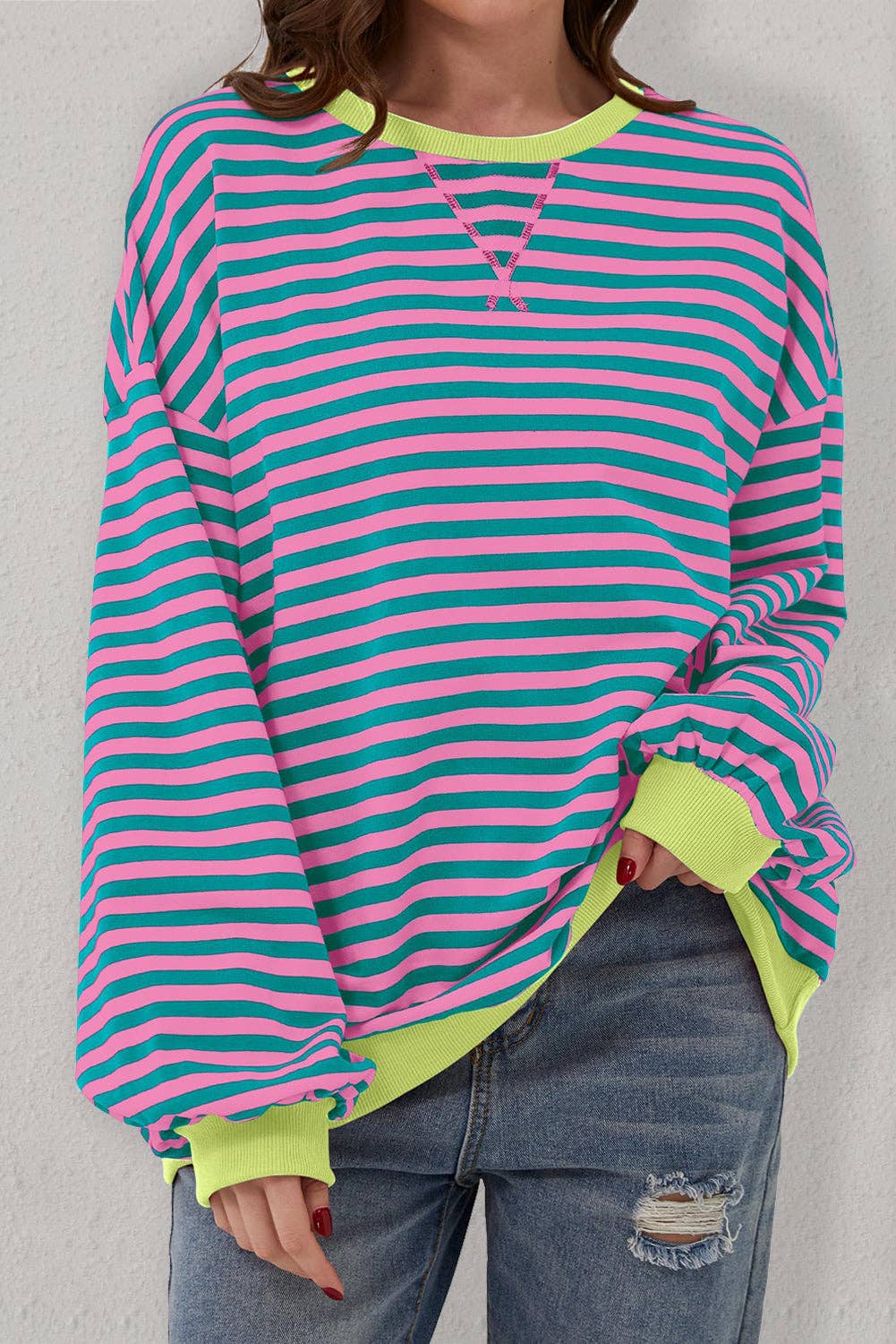 Lovesoft - Wholesale Sweatshirt - Women's - Stripe Oversized Contrast Trim Pullover Sweatshirt