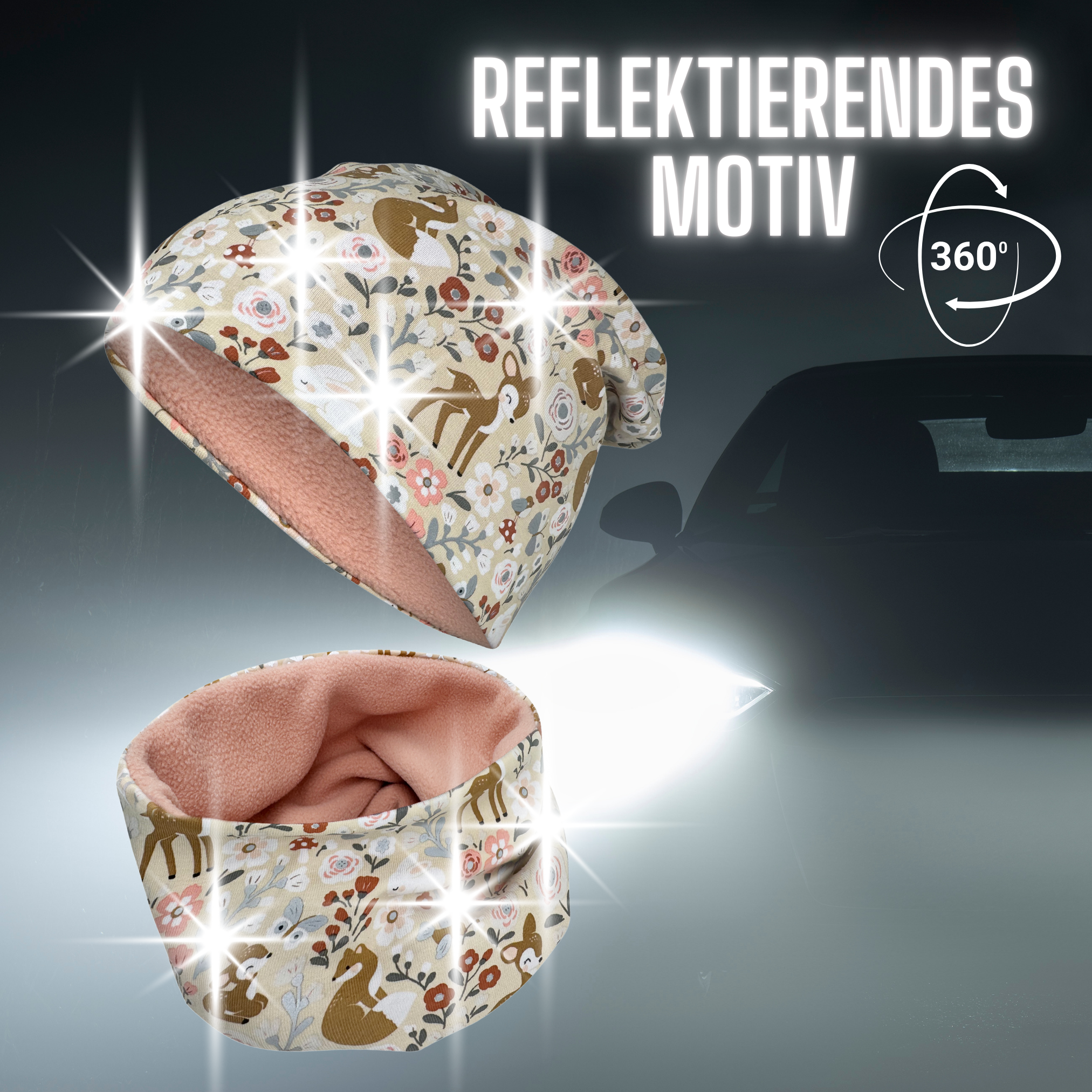 HECKBO - Wholesale Beanie - Kids - 360° Reflector Beanie & Loop – Forest Animals - Fleece Inside1