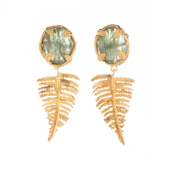 Amanda Coleman Jewelry - Venta al por mayor Pendientes colgantes - Pendientes con forma de nido botánico con helecho y piedra preciosa