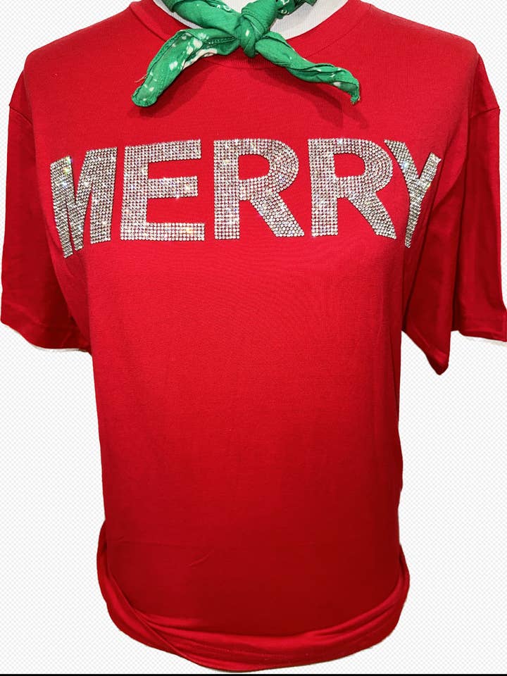 Blingy "MERRY" on Red Crew / Christmas for wholesale by Bling-A-GoGo, LLC