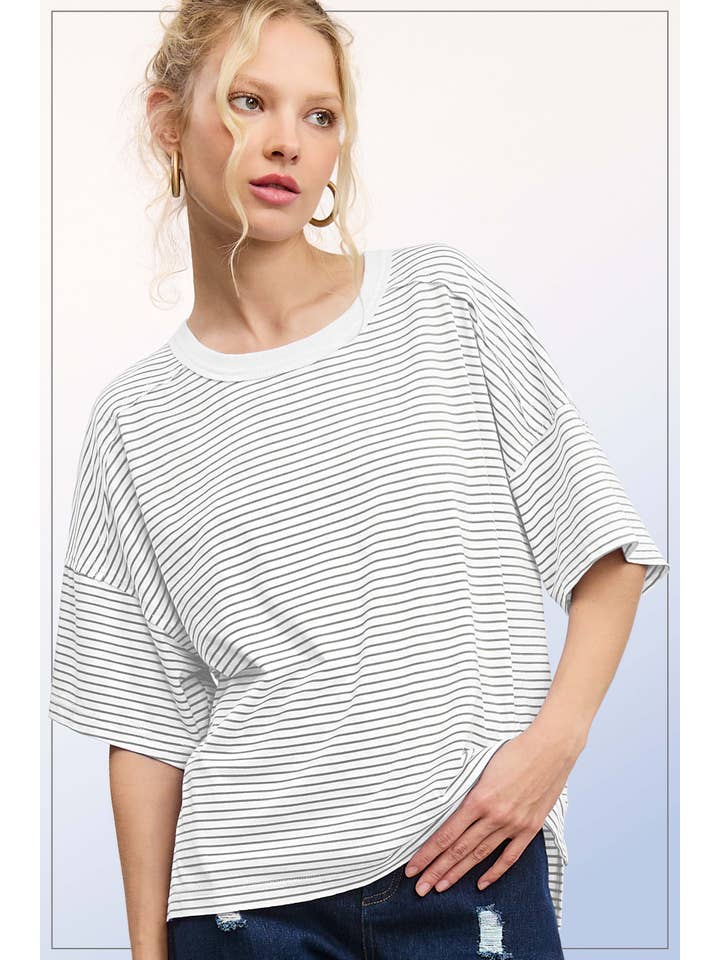 La Miel - Wholesale T-Shirt - Women's - HDT7703-Basic Striped Drop Shoulder Short Sleeves Top
