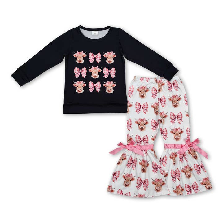 Black bow highland cow top pants western girls clothes for wholesale by Yawoo Garments