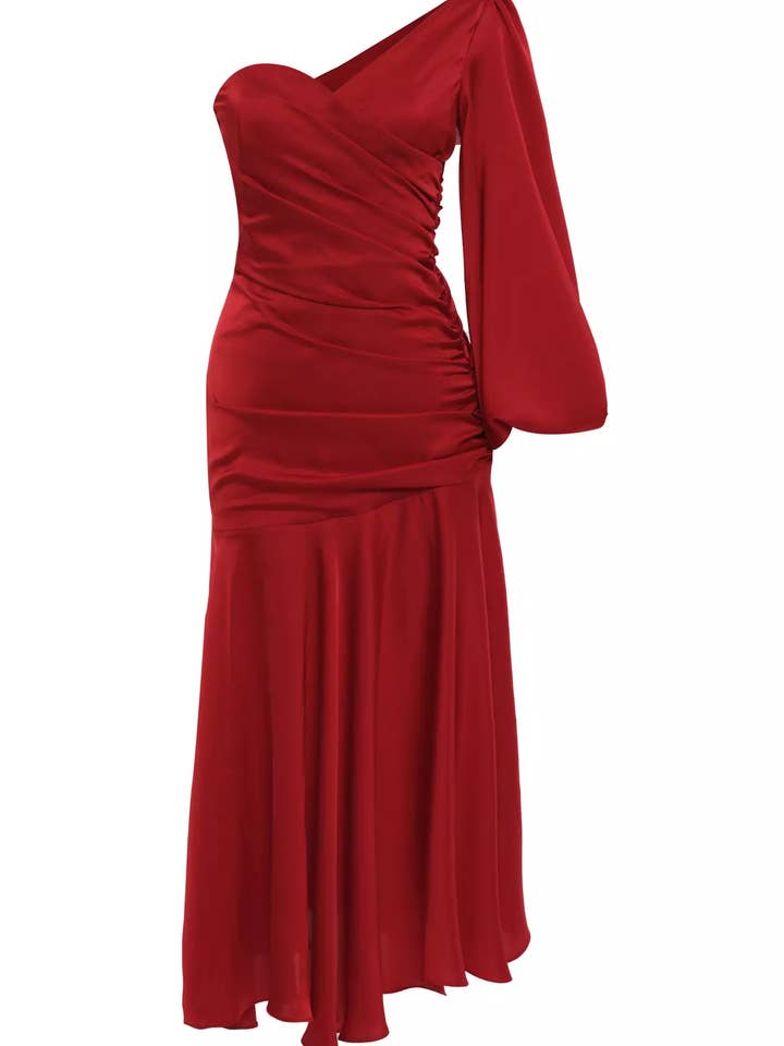 Robe midi en satin rouge à une seule manche pour la vente par Noece