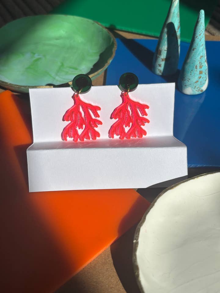 Pink & Green Coral Reef Sheer Acrylic Statement Earrings Bold Statement Jewelry Summer Beach Earrings Nature Inspired Botanical Gift for Her for wholesale by Squishy Jewellery