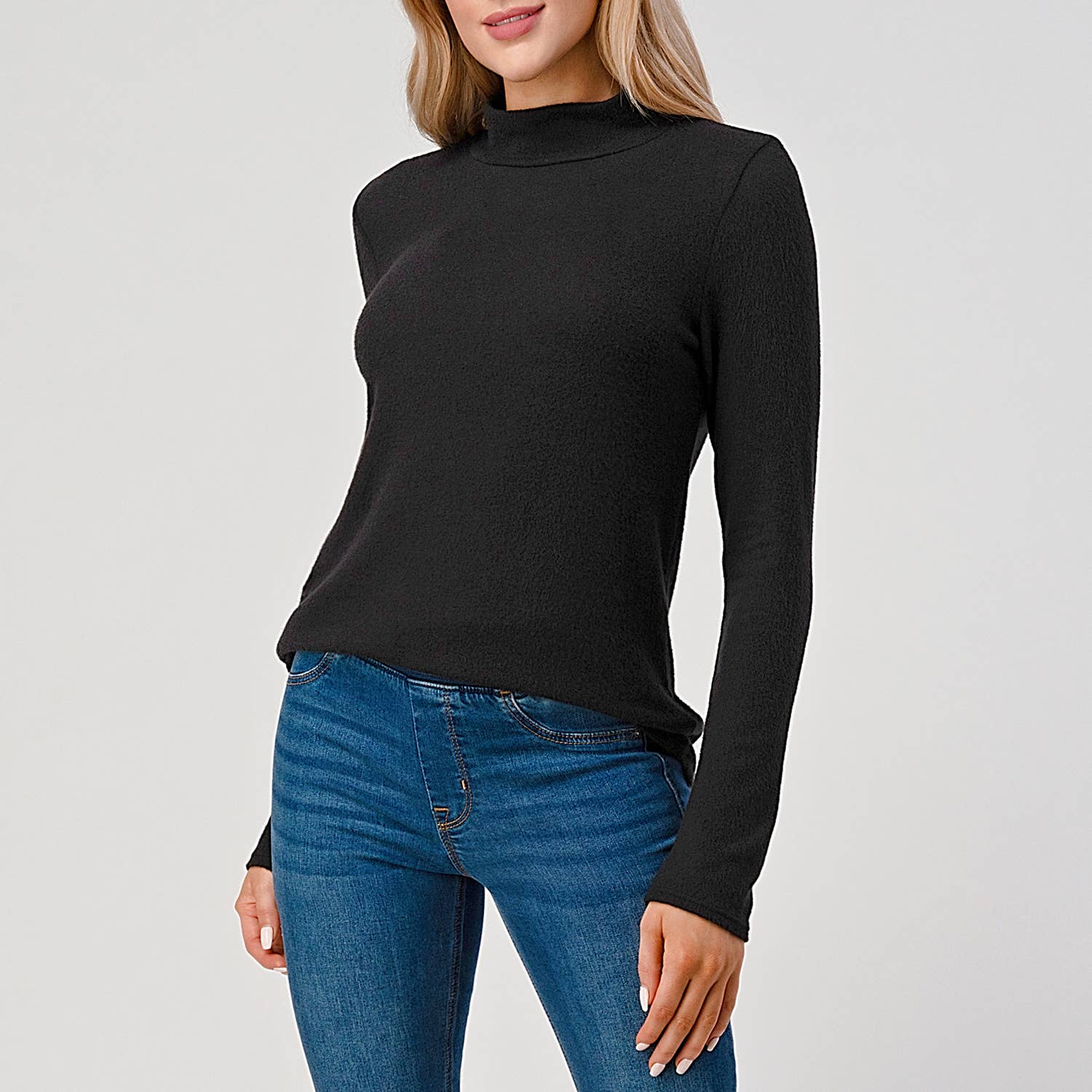Heimious - Wholesale Knit Top - Women's - Mock Neck L-Sleeve Relaxed Fit Brushed Knit Top, T5486