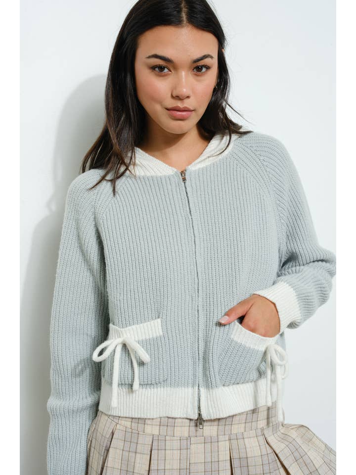 Dusty Blue KNIT BOW ZIP UP HOODIE for wholesale on Faire