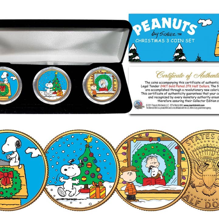 Peanuts Christmas Snoopy Tree Wreath 24K Jfk Half Dollar 3-Coin Set With Box - Ships Fast & Free To U.S. for wholesale by The Merrick Mint