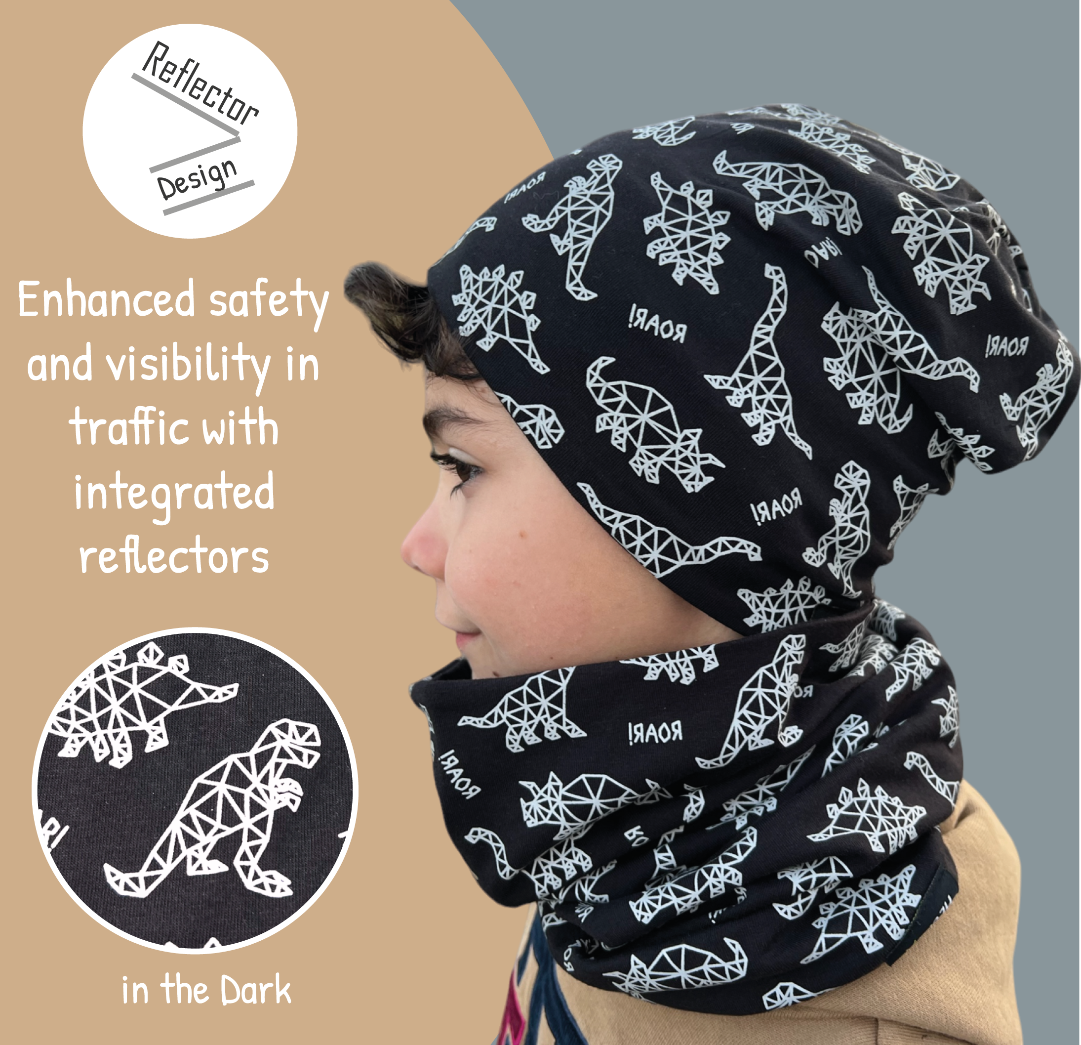 HECKBO – wholesale Beanie – Kids – 360° Reflector Beanie & Loop - Dinosaurs - Fleece Inside2