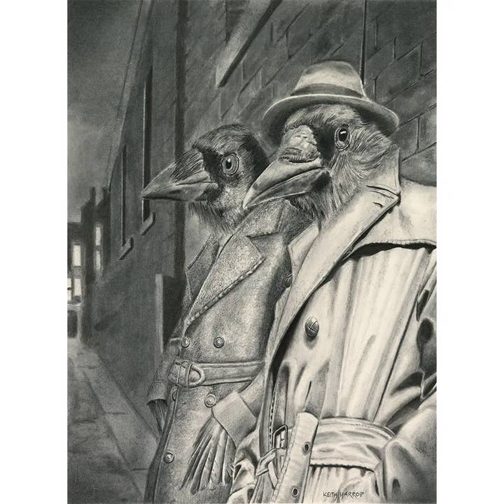 Postcard. #42 A Murder of Crows Pencil Art Film Noire Style for wholesale by Keith Harrop - Pencil Art