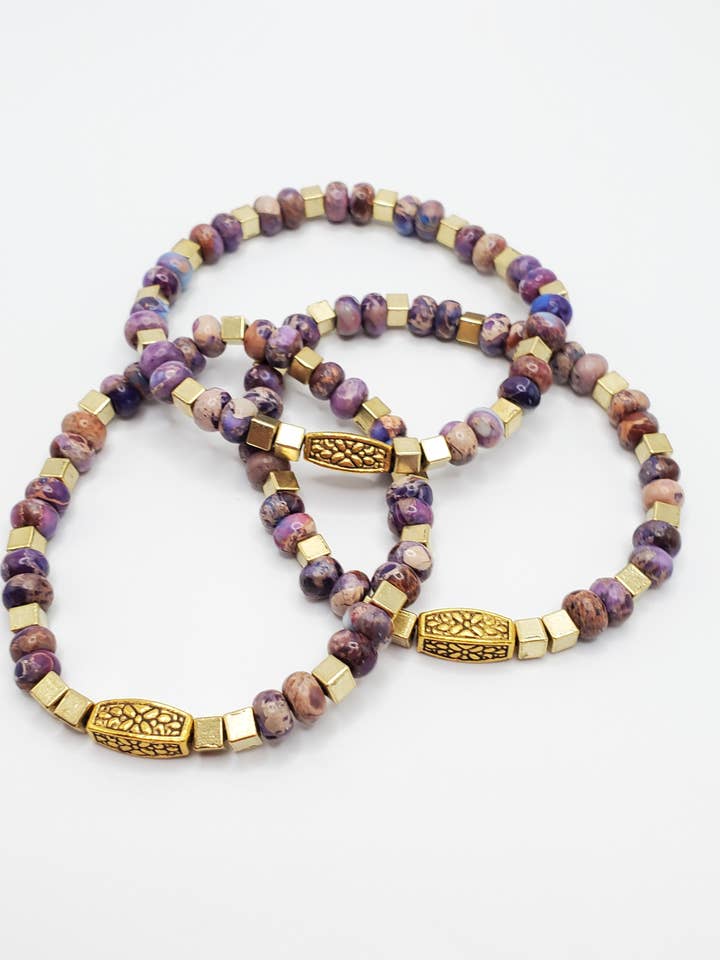 Bracelet, Stretch, Amethyst Serpentine & Gold, Majesty for wholesale by Jezabel Adornment
