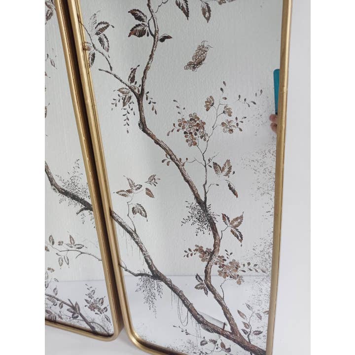Originals International Ltd - Wholesale Wall Mirror - Antiqued Botanical Mirror Trio – Bird & Blossom Panel Set2