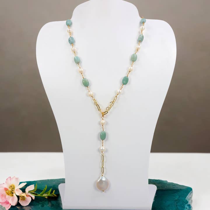 Amazonit och odlad pärla Y Style halsband för wholesale av IST Jewelry