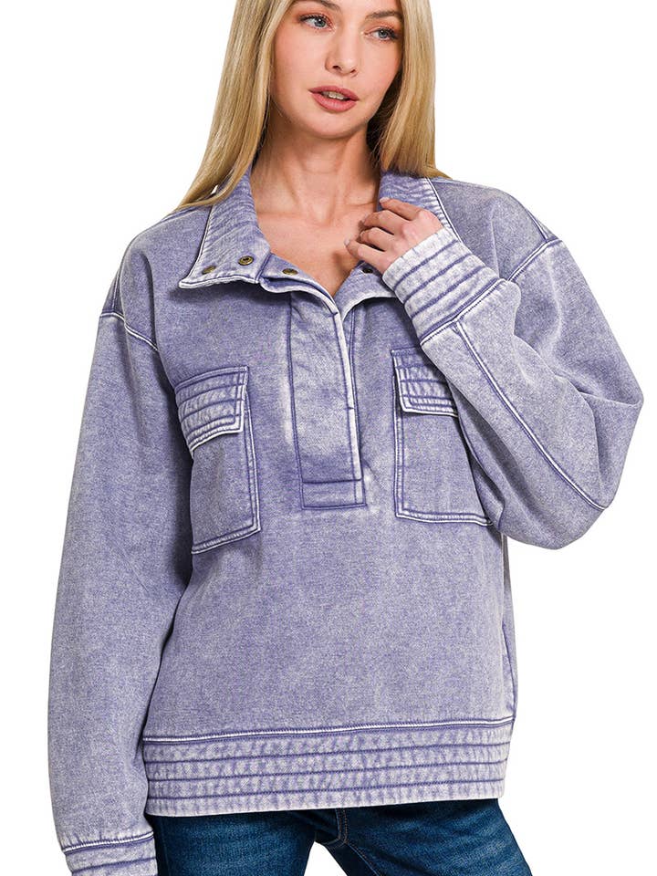 .SI-26973 Acid Washed Half Snap Button Front Fleece Sweatshir for wholesale by 42POPS