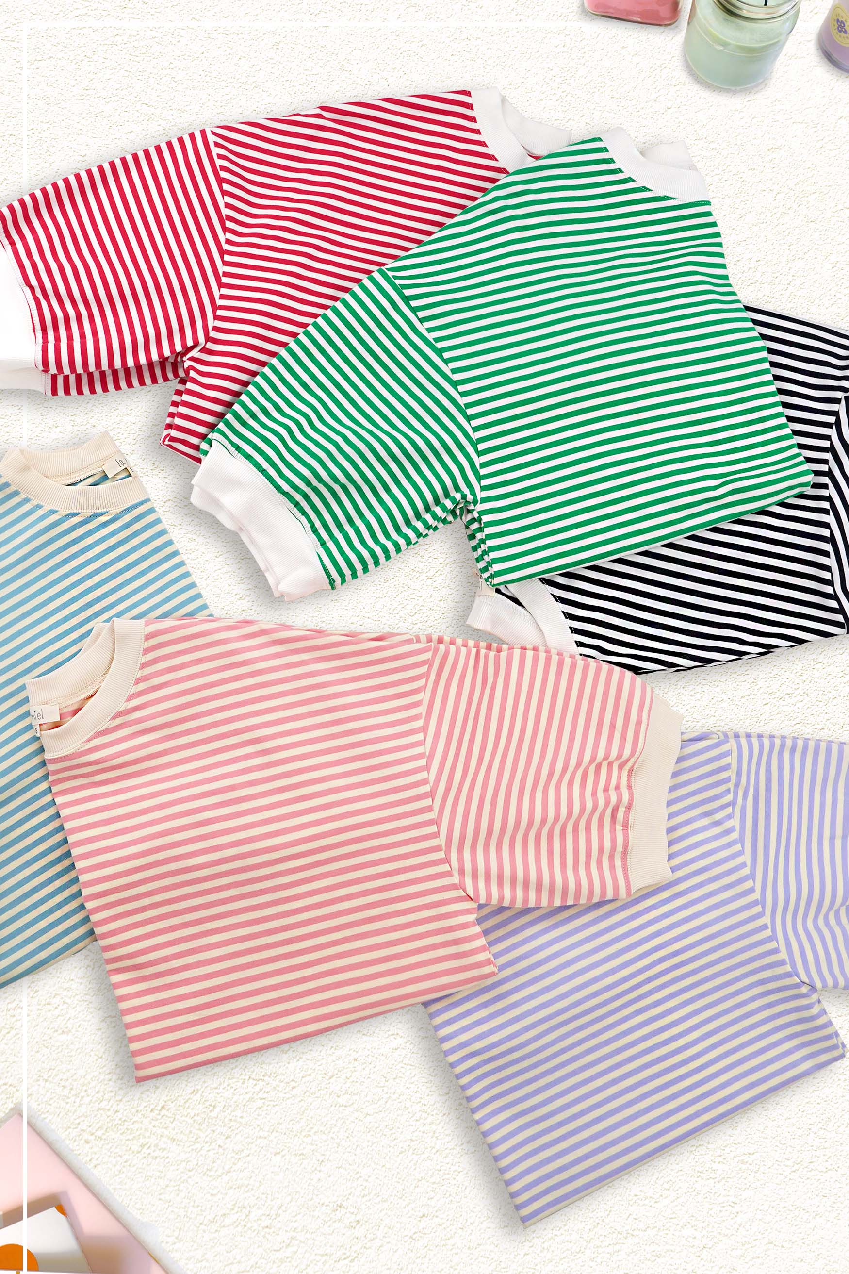 La Miel – Engroshandel Strikket top - Dame – MCT7688-løs pasform Stribet kortærmet top med rund halsudskæring38