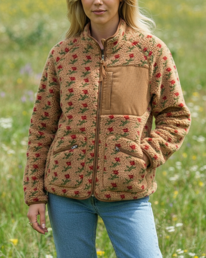Rosa Clothing - Wholesale Jacket - Women's - Vintage Boho Tulip Floral Print Sherpa Fleece Jacket10