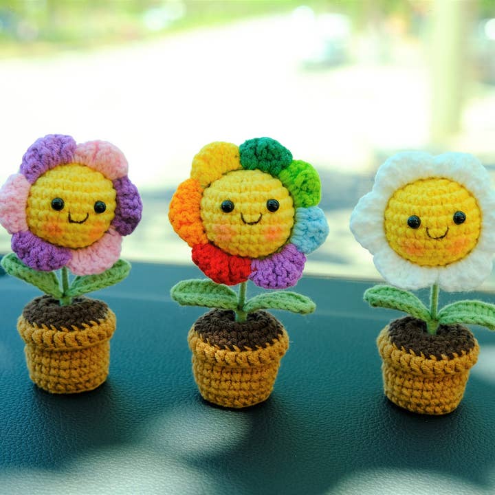 Anh2 LTD - Wholesale Car Decorative Charm - Unisex - Crochet Mini Smiley Sunflower Doll Potted Plant Car Ornament6
