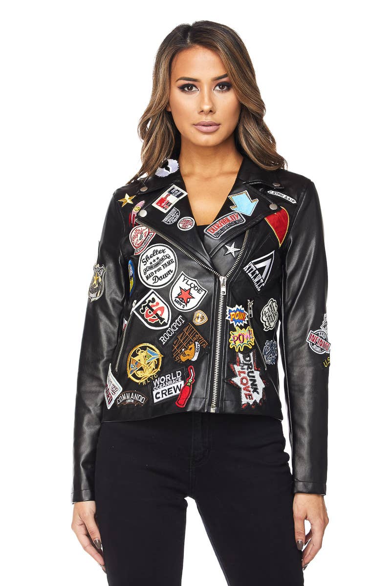 Boswell - Wholesale Leather Jacket - Women's - PATCH DETAIL PU BIKER JACKET0