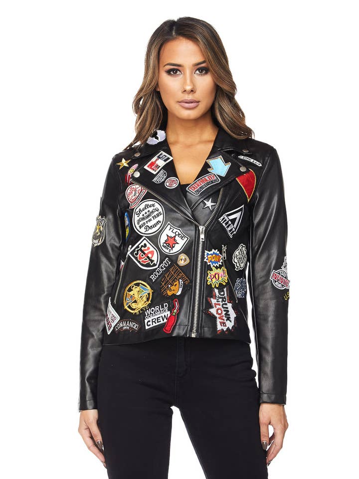 Boswell - Wholesale Leather Jacket - Women's - PATCH DETAIL PU BIKER JACKET