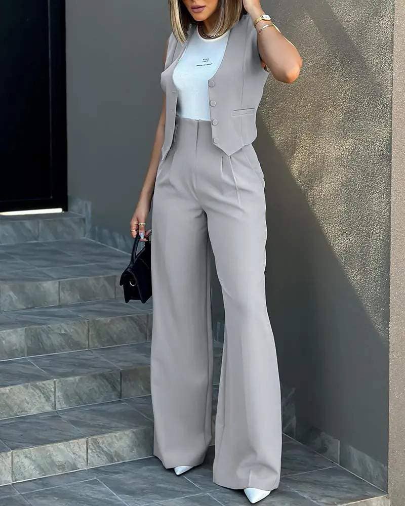 Flarix - Wholesale Top & Pant Set (NOT Loungewear) - Women's - buttoned vest top wide leg pants set9