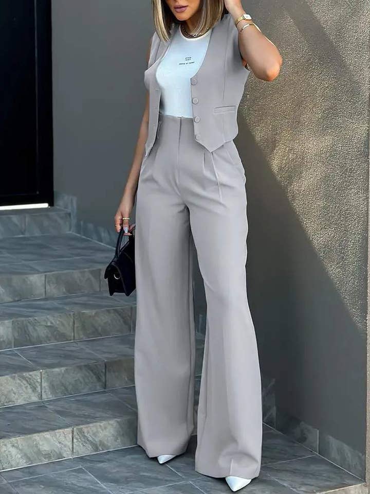 Flarix - Wholesale Top & Pant Set (NOT Loungewear) - Women's - buttoned vest top wide leg pants set9