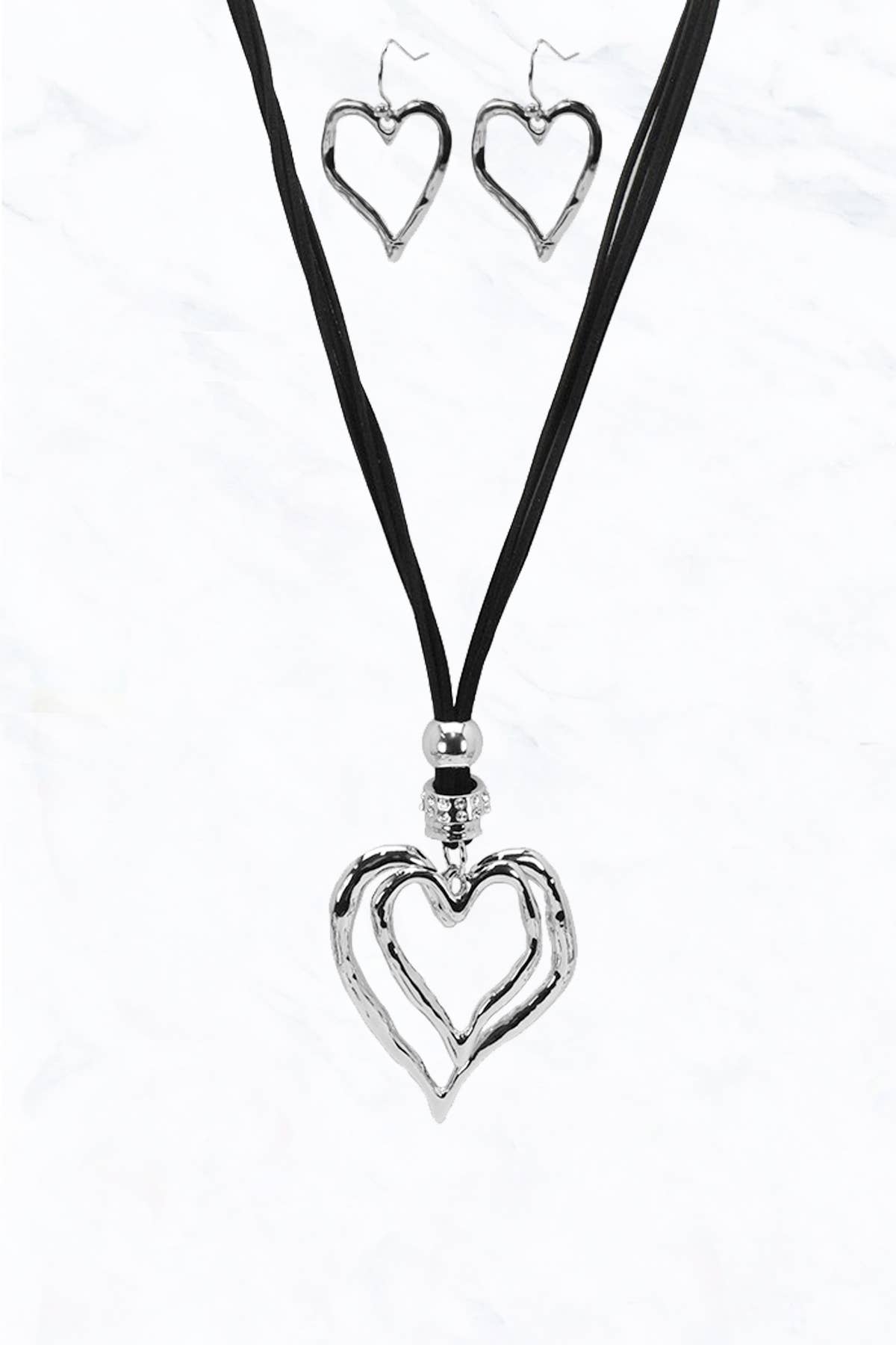 Suzie Q USA - Wholesale Jewelry Set - Metal Double Heart Charm Cord Necklace Set2