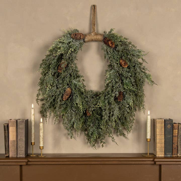 28" DARK GREEN ICED CEDAR & CONES HANGING WREATH for wholesale by Ragon House