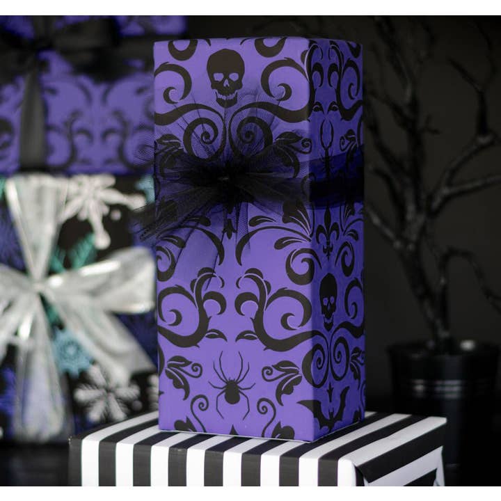 Spooky Cat Press - Wholesale Wrapping Paper Roll - Skull Damask Gift Wrap - Purple (8ft Roll)
